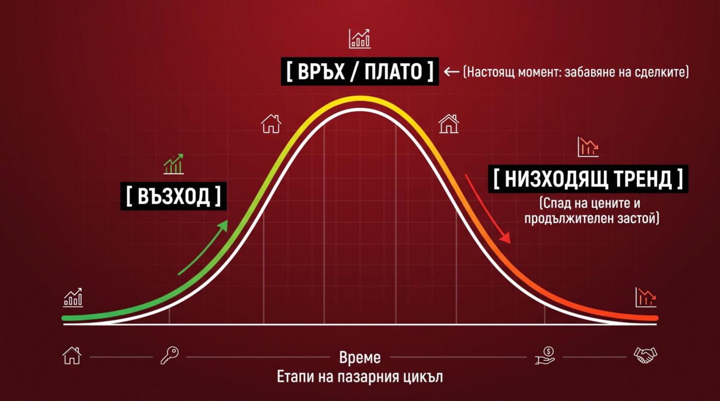 Изображението представлява инфографика, илюстрираща фазите на пазарния цикъл в областта на недвижимите имоти.